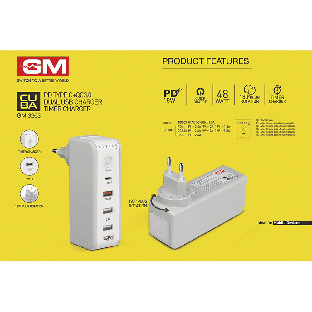 Buy GM Cuba 18W Type A & Type C 4Port Fast Charger (Adapter Only, 180